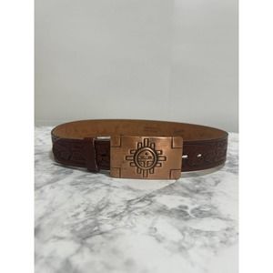 Chambers Leather Brown Belt Sz 30 Hand Finished Aztec Sun Copper Finish Buckle